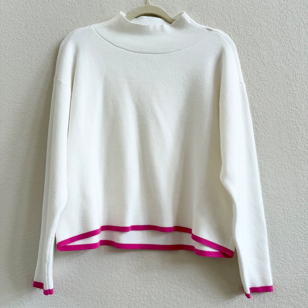 Maeve Anthropologie Carys Ivory Mock Neck Sweater Hot Pink Trim Sz S Tennis Prep